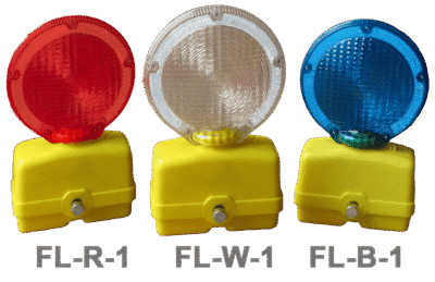 Individual red, white and blue round flashing lights, each with a yellow base.