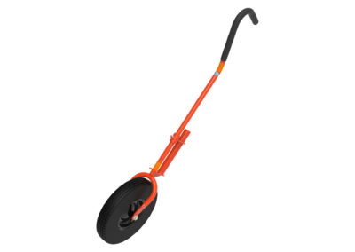 A single-wheeled knuckle carrier with an orange frame and a black ergonomic handle.