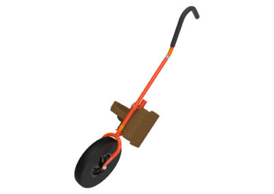 A single-wheeled knuckle carrier with an orange frame, a black ergonomic handle, and a brown cradle.