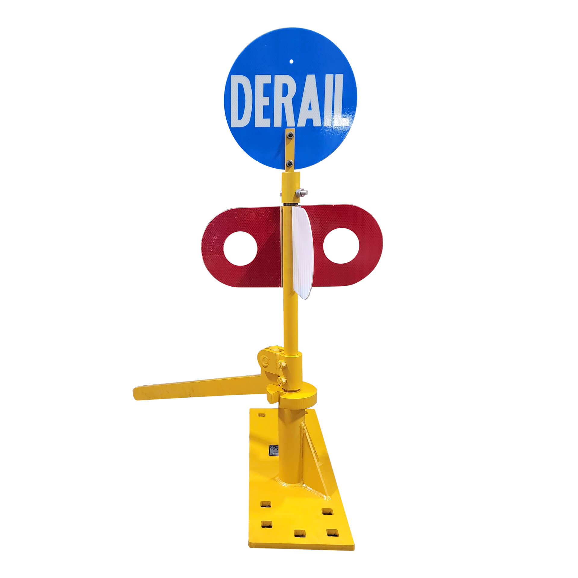 A blue circular sign reading "DERAIL" on a yellow post with a red, two-sided target and an operating lever.
