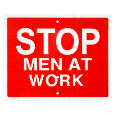 RF-11D Signal flag. On a red background with white lettering, the flag reads: Stop Men at Work