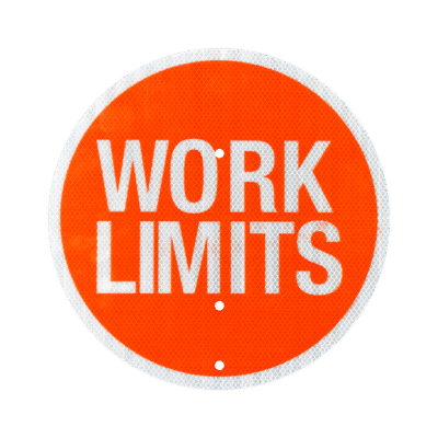 RF-13D circular signal flag. An orange background with white text reads: Work Limits