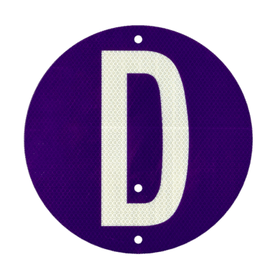 RF-16D: 10" Purple Derail flag; a circular reflective sign with a large 'D' in the middle.