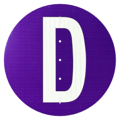 RF-17D: 18" Purple Derail flag; a circular reflective sign with a large 'D' in the middle.