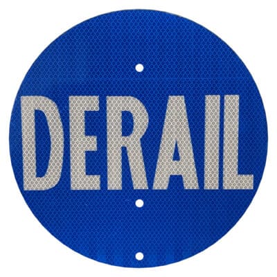 RF-2D DERAIL signal flag. The word DERAIL is in white letters against a bold blue circular background.