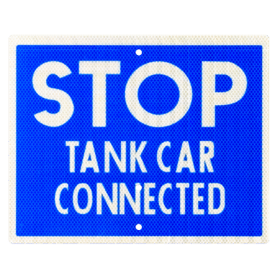 RF-3D reads STOP TANK CAR CONNECTED. White letters against a blue background.