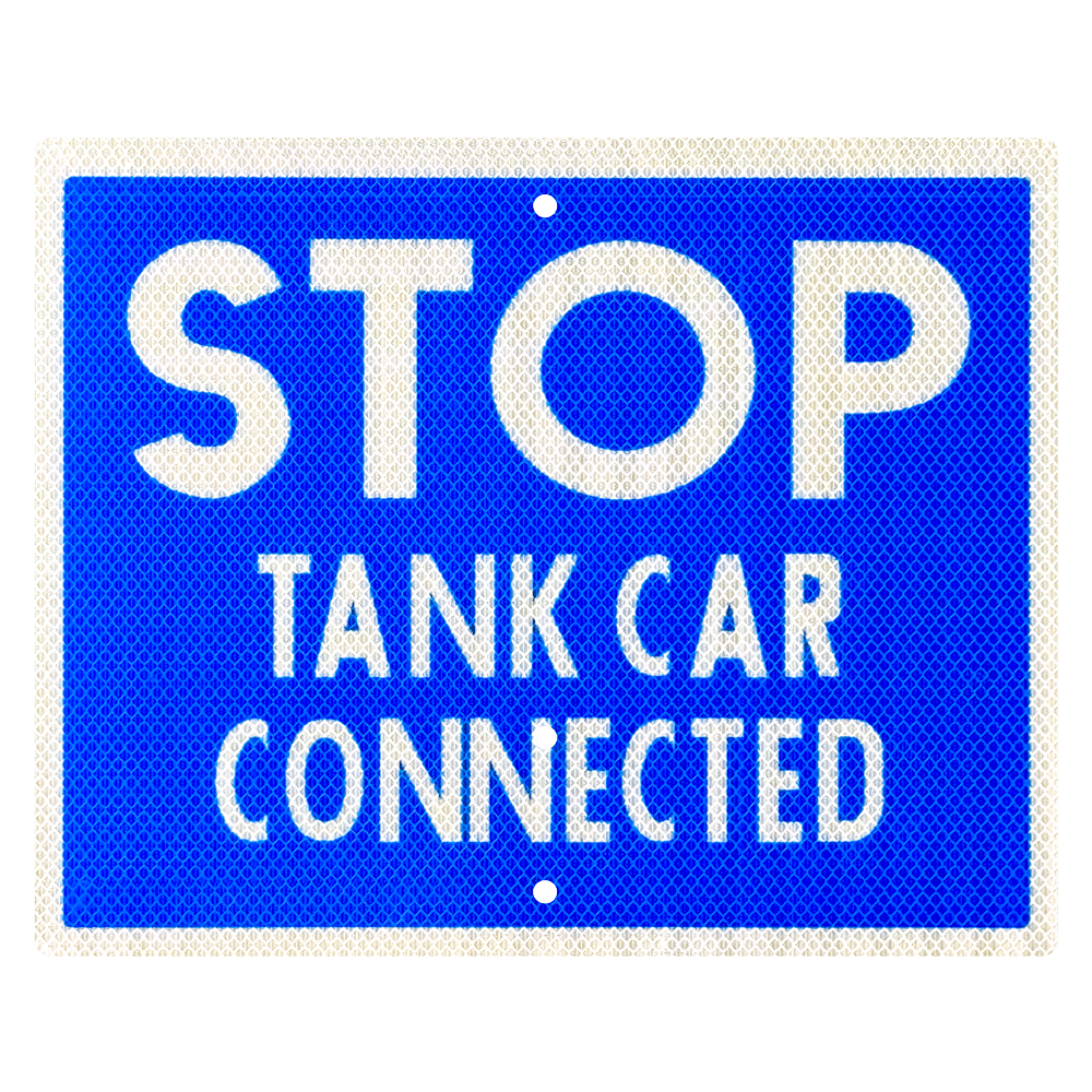 RF-3D reads STOP TANK CAR CONNECTED. White letters against a blue background.