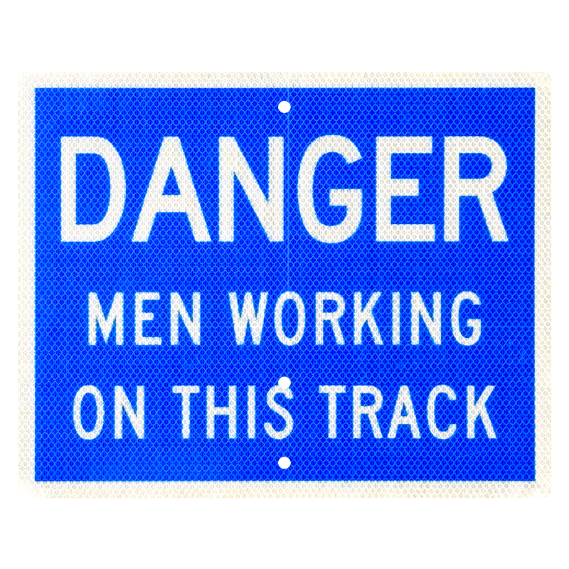 RF-4D Signal flag. White letters on a blue background reads: DANGER MEN WORKING ON THIS TRACK