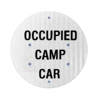 RF-5D Signal flag. Silver-gray background with black letters reads: Occupied Camp Car