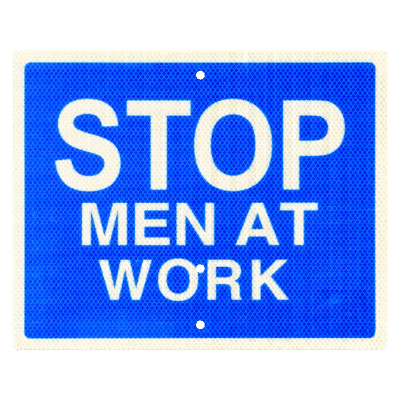 RF-6D Signal flag. On a blue background with white lettering, the flag reads: Stop Men at Work