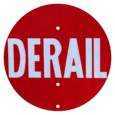 RF-9D DERAIL signal flag. The word DERAIL is in white letters against a bright red circular background.